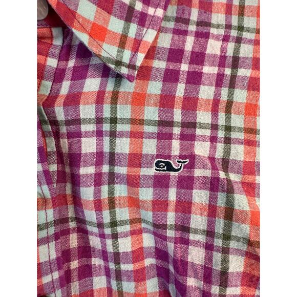 Vineyard Vines Shirt Womens 4 Fuchsia Green Plaid Collar 1/2 Button Linen Blend - Picture 4 of 9